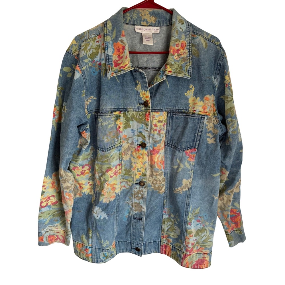 Susan‎ Graver Style Womens Large Floral Denim Jacket Botanical Blue Cotton Boho